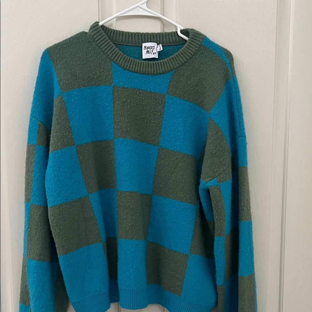 Madewell Teal and Olive Checkered Sweater